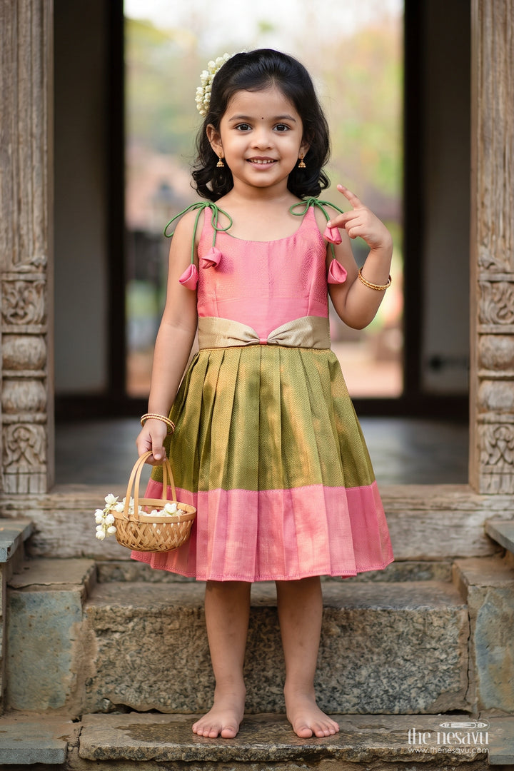 Girls Kanchi Silk Frock in Green with Jacquard Weave