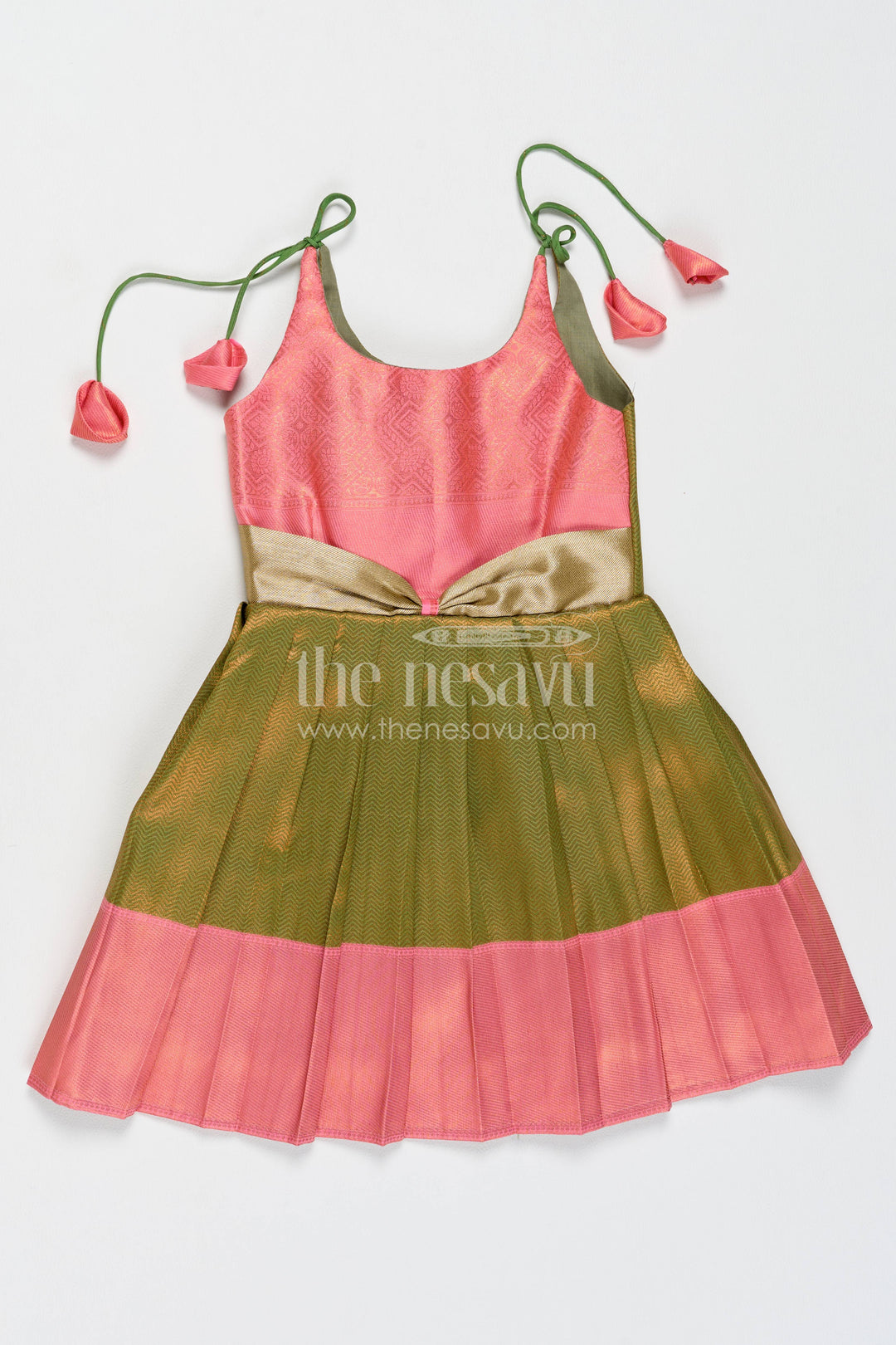 Girls Kanchi Silk Frock in Green with Jacquard Weave