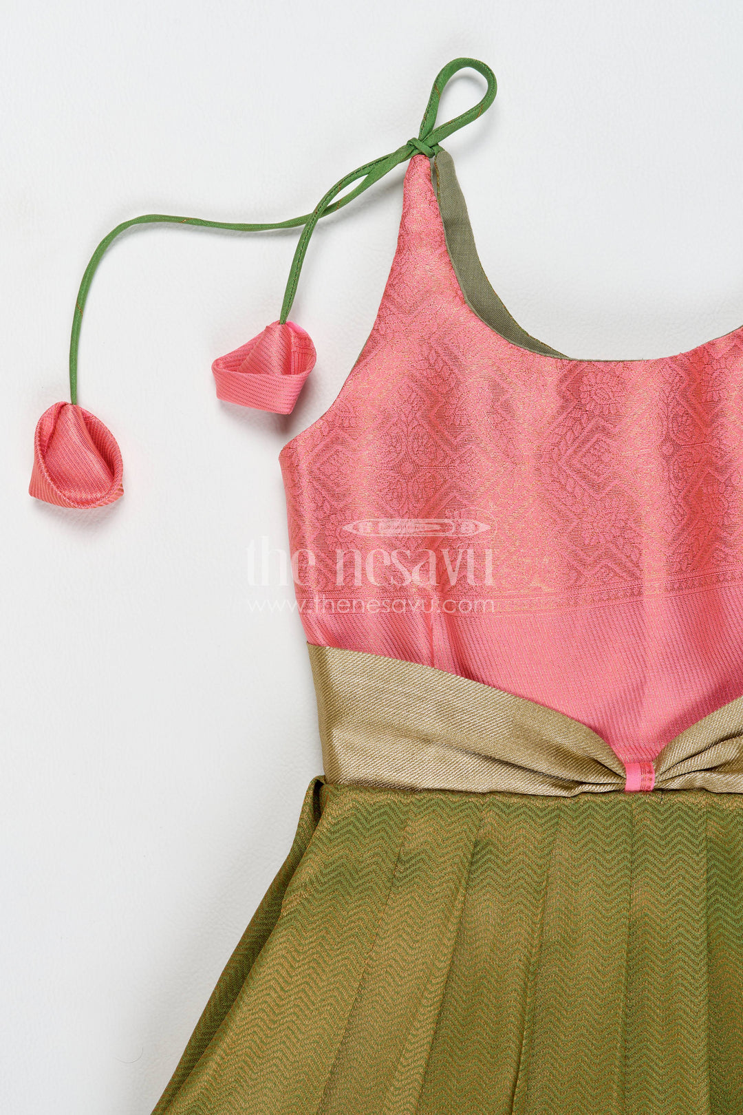 Girls Kanchi Silk Frock in Green with Jacquard Weave