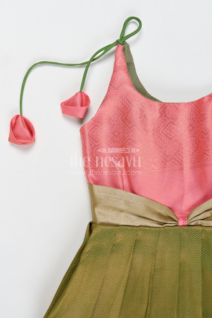 Girls Kanchi Silk Frock in Green with Jacquard Weave