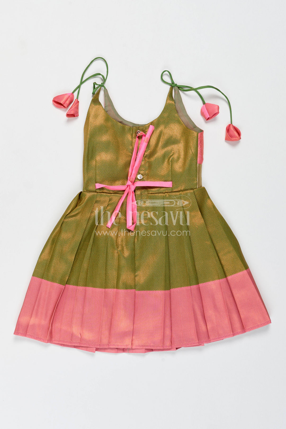 Girls Kanchi Silk Frock in Green with Jacquard Weave