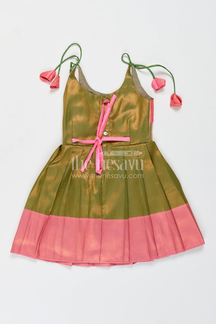 Girls Kanchi Silk Frock in Green with Jacquard Weave