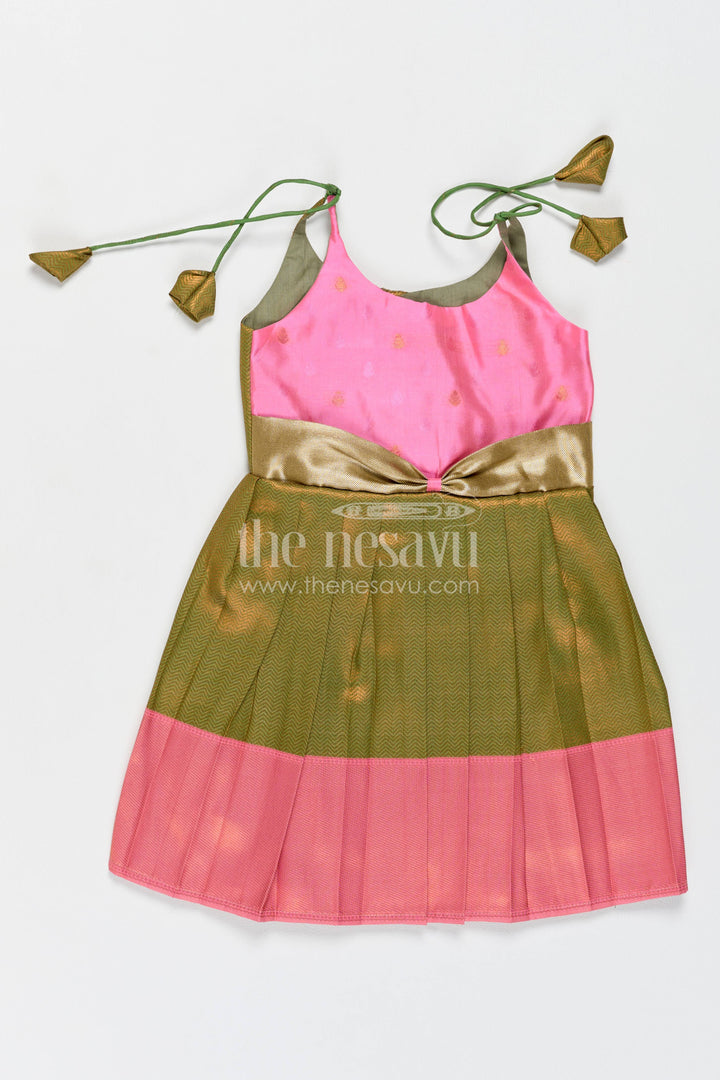 Girls Kanchi Silk Frock in Green with Jacquard Weave