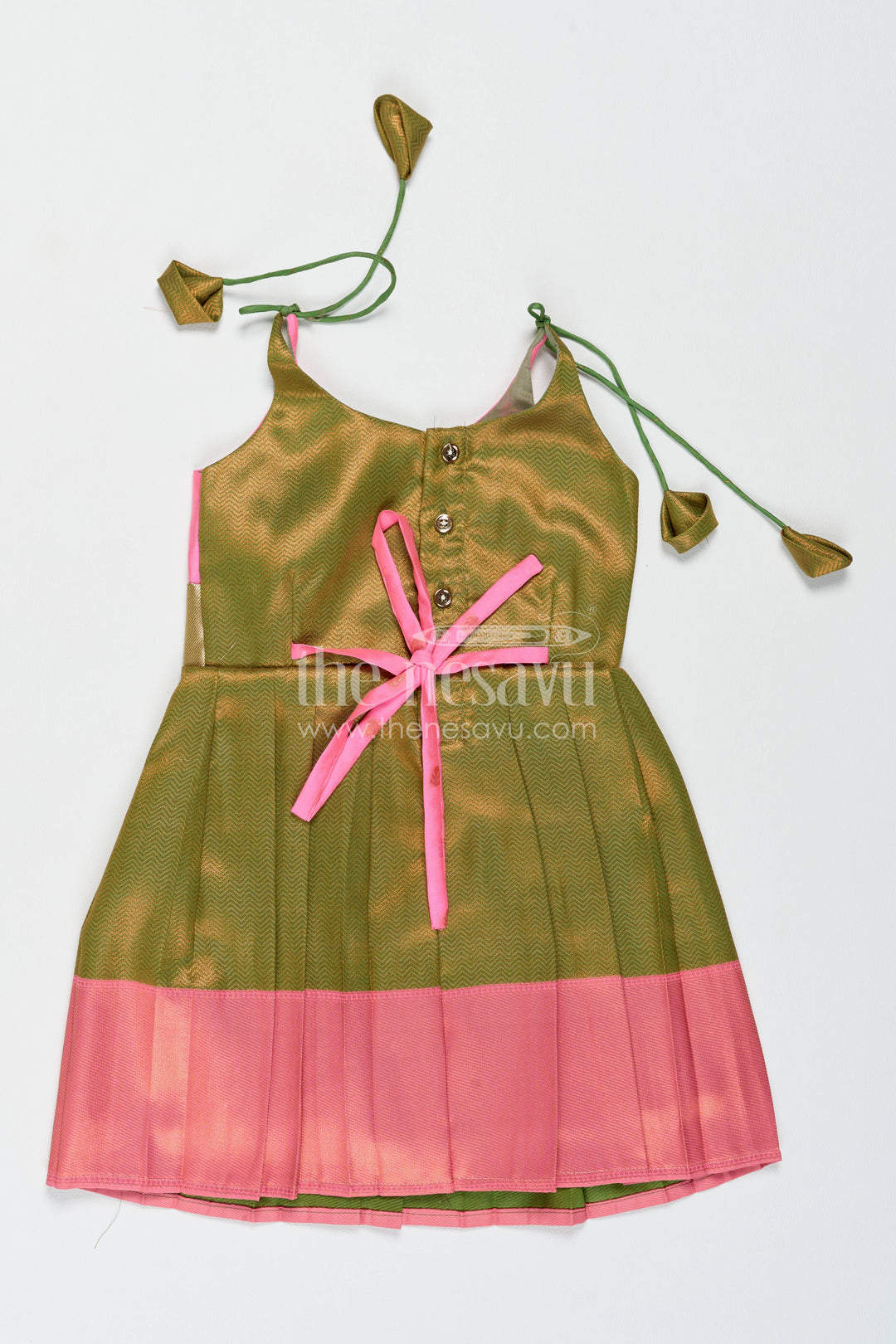 Girls Kanchi Silk Frock in Green with Jacquard Weave