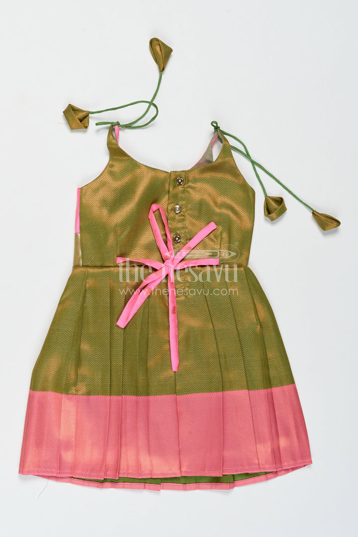 Girls Kanchi Silk Frock in Green with Jacquard Weave