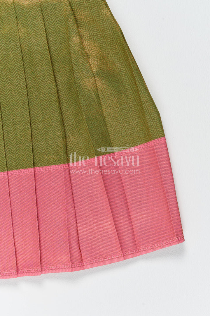 Girls Kanchi Silk Frock in Green with Jacquard Weave