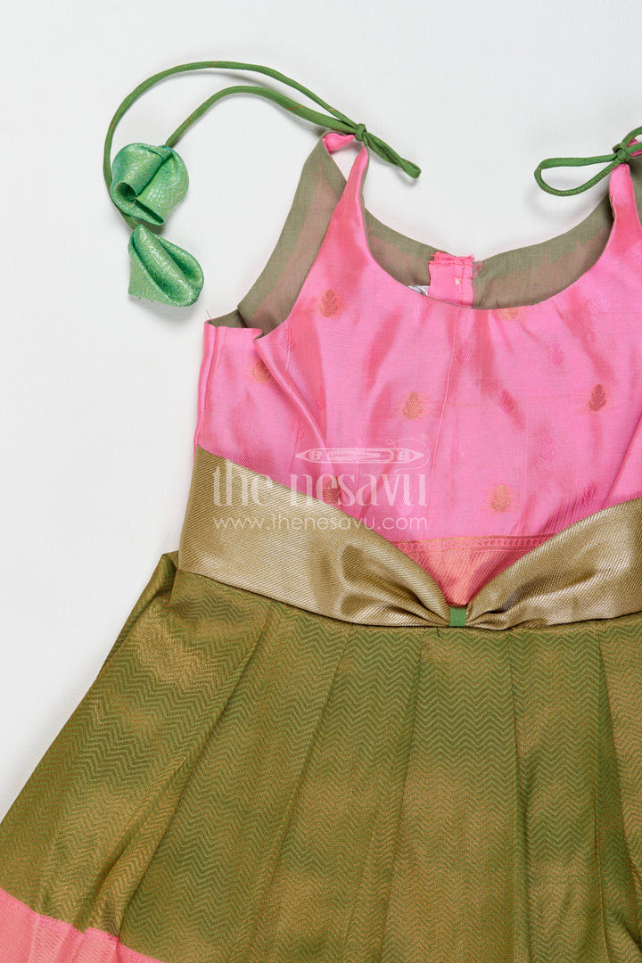 Girls Kanchi Silk Frock in Green with Jacquard Weave
