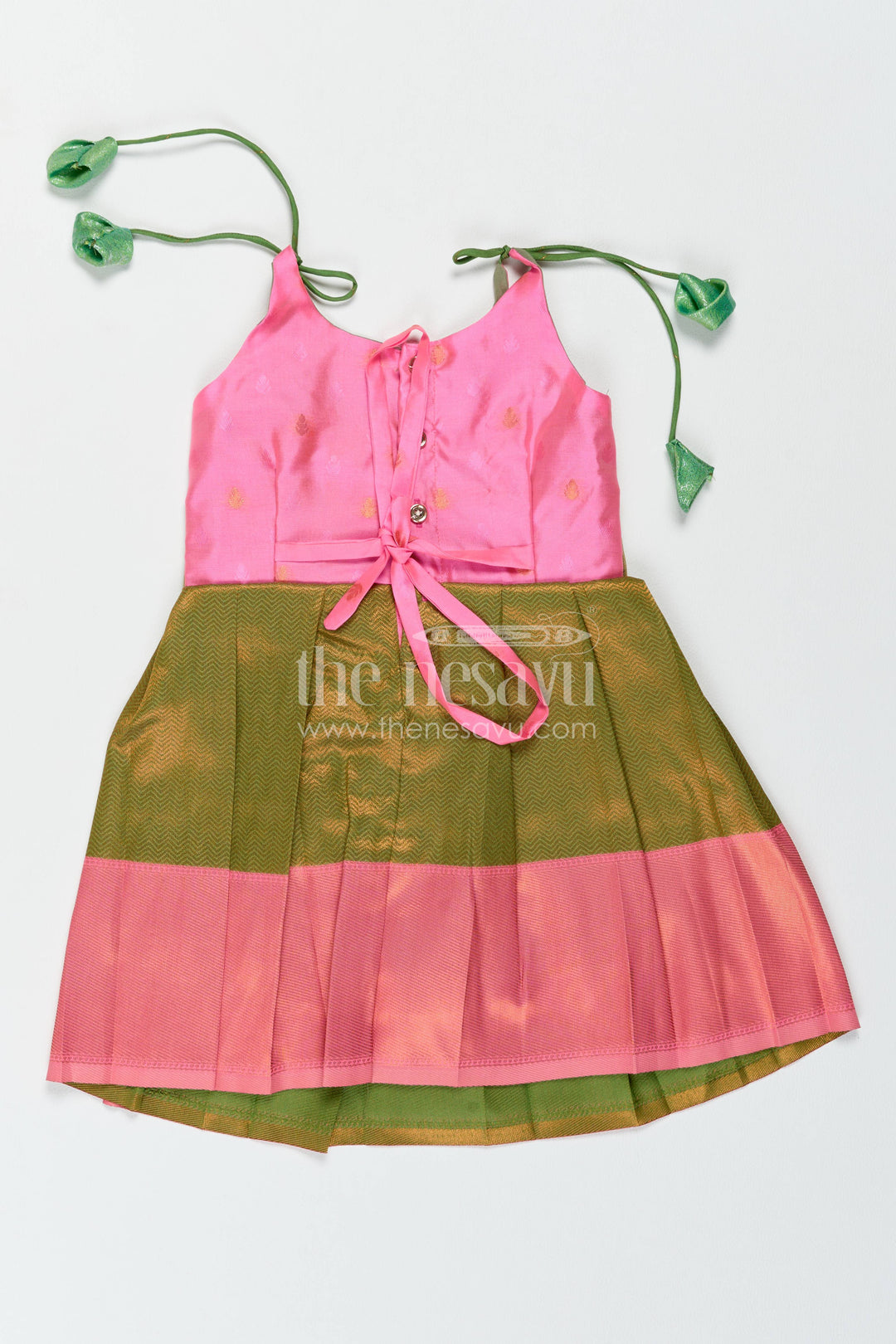 Girls Kanchi Silk Frock in Green with Jacquard Weave