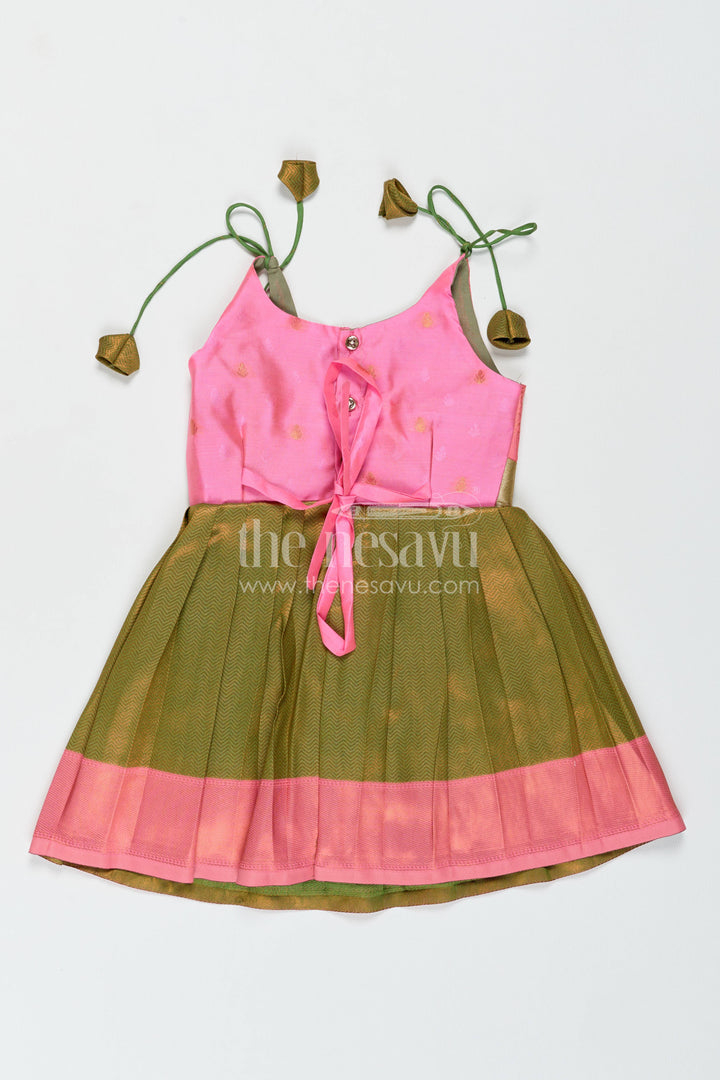 Girls Kanchi Silk Frock in Green with Jacquard Weave