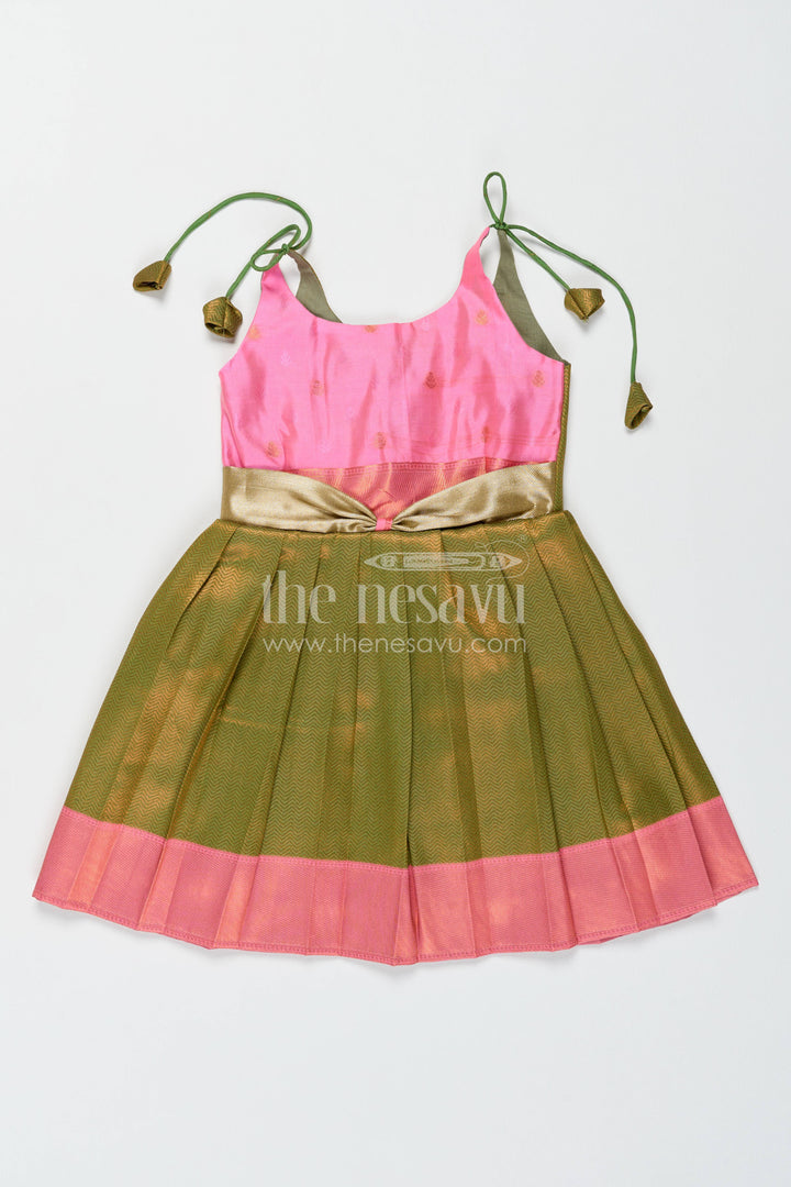 Girls Kanchi Silk Frock in Green with Jacquard Weave