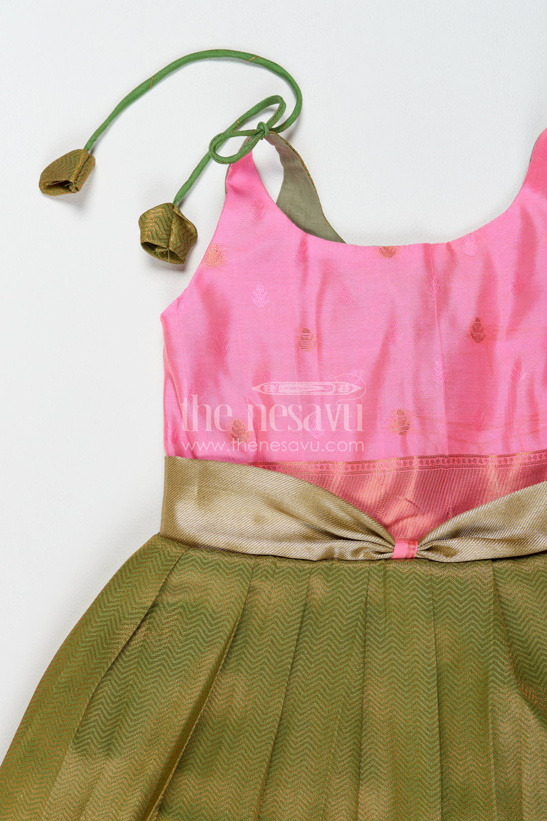 Girls Kanchi Silk Frock in Green with Jacquard Weave