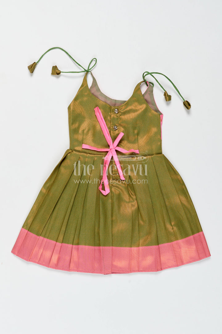 Girls Kanchi Silk Frock in Green with Jacquard Weave