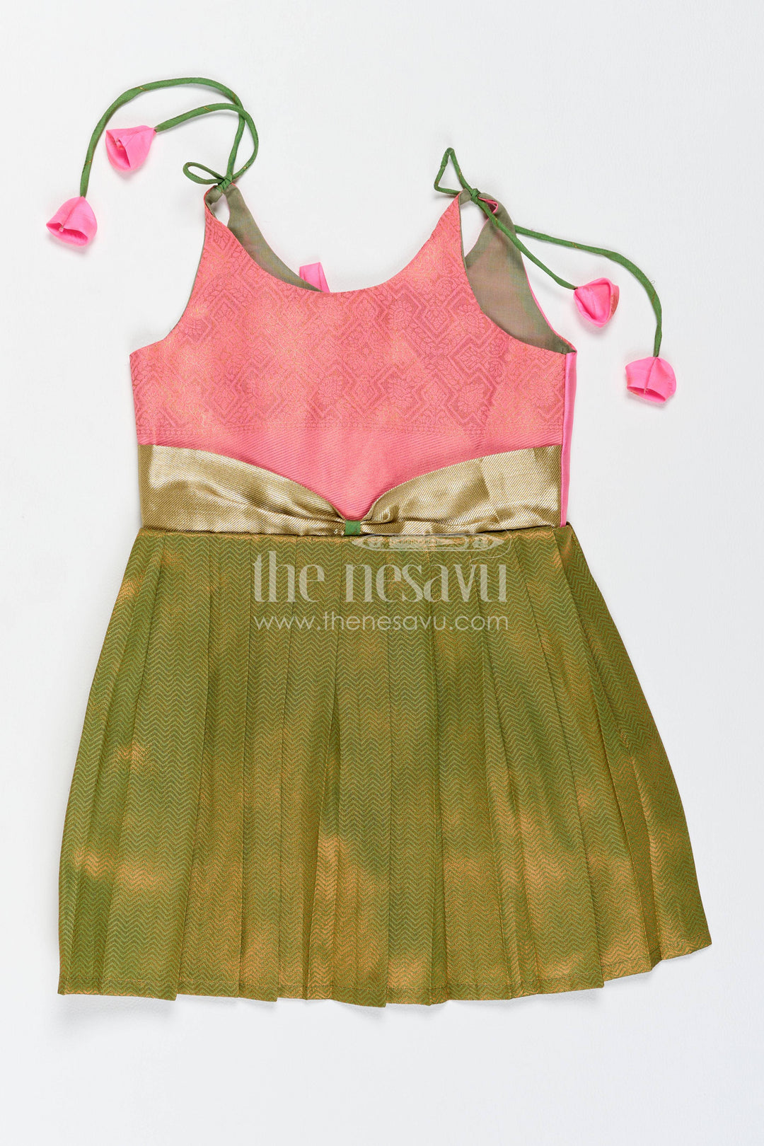 Girls Kanchi Silk Frock in Green with Jacquard Weave