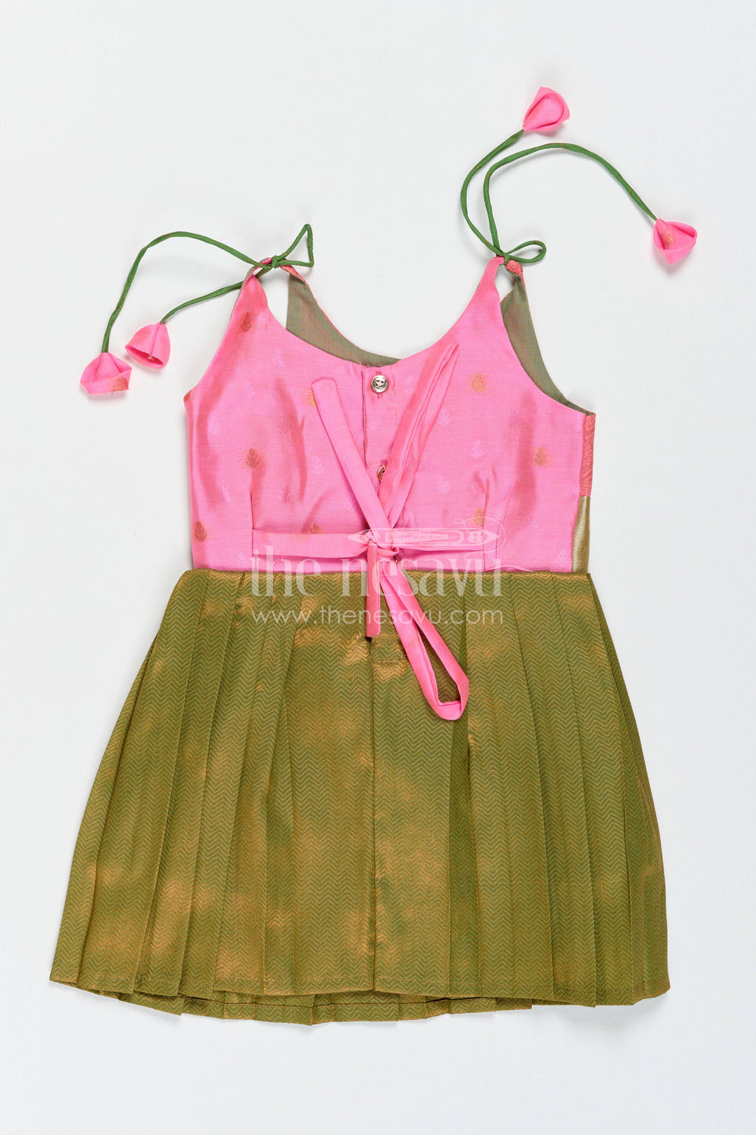 Girls Kanchi Silk Frock in Green with Jacquard Weave