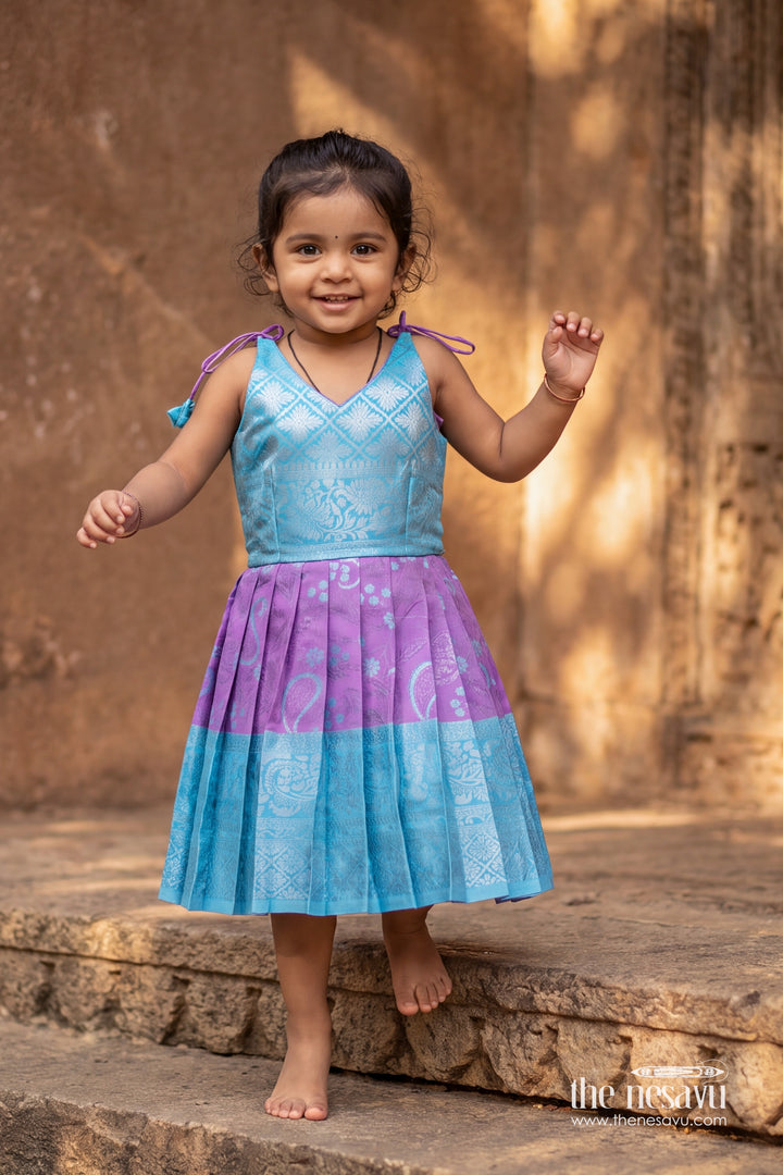 Girls Kanchi Silk Frock in Turquoise with Woven Texture
