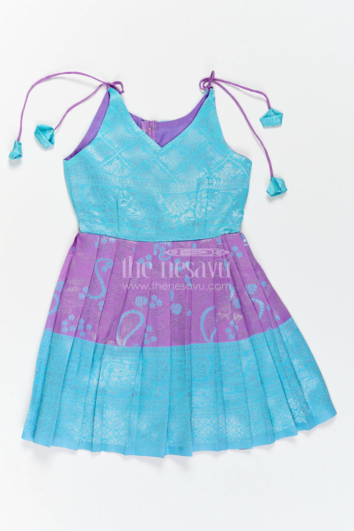 Girls Kanchi Silk Frock in Turquoise with Woven Texture