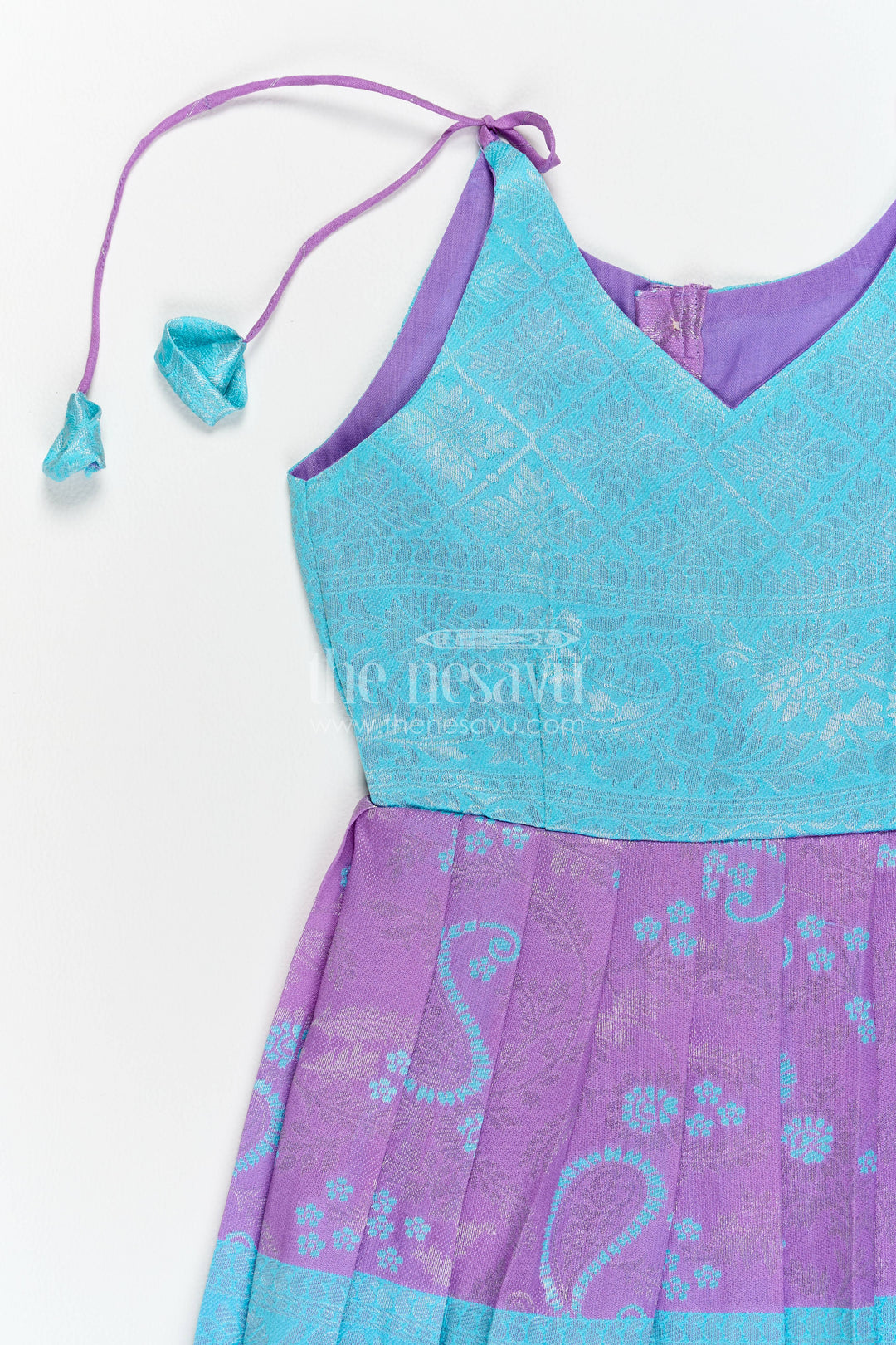 Girls Kanchi Silk Frock in Turquoise with Woven Texture