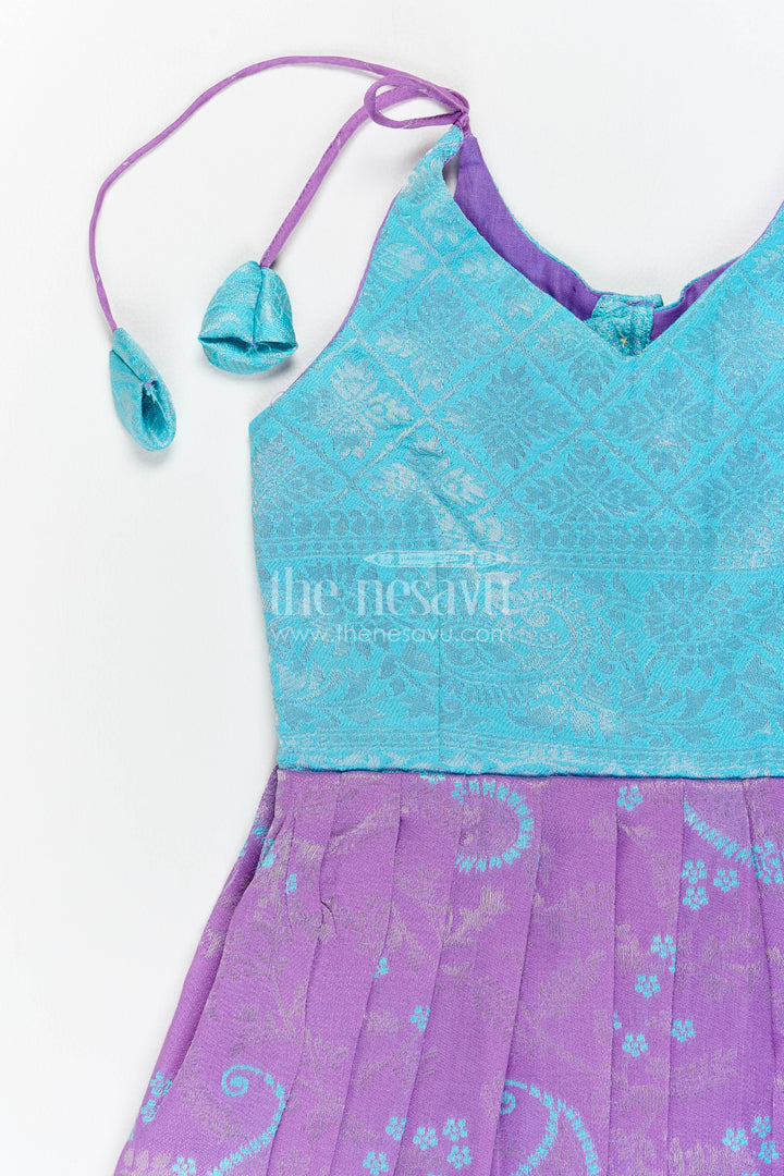 Girls Kanchi Silk Frock in Turquoise with Woven Texture