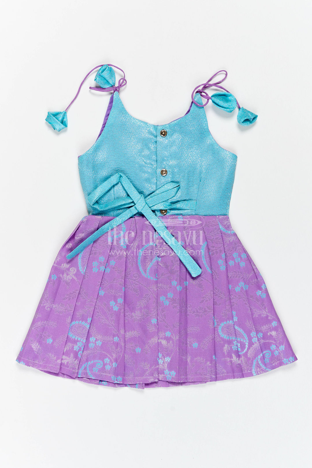 Girls Kanchi Silk Frock in Turquoise with Woven Texture