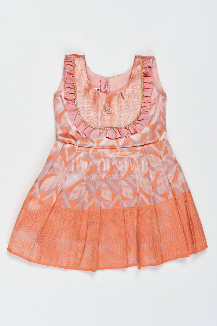 Girls Kanchi Silk Frock in Peach with Woven Texture