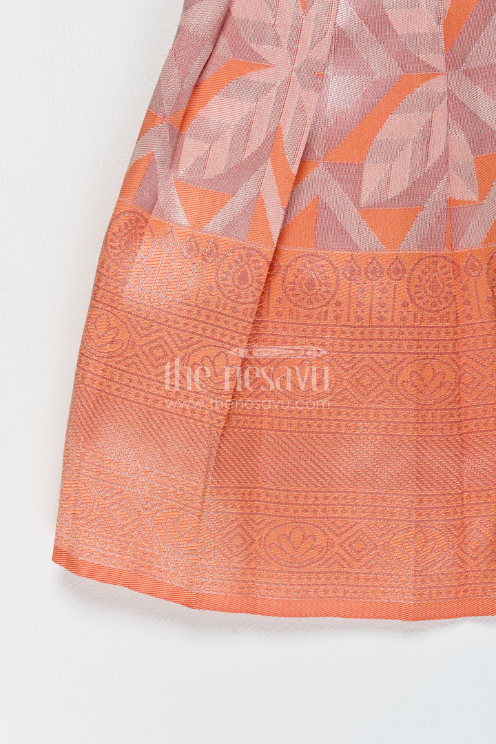 Girls Kanchi Silk Frock in Peach with Woven Texture