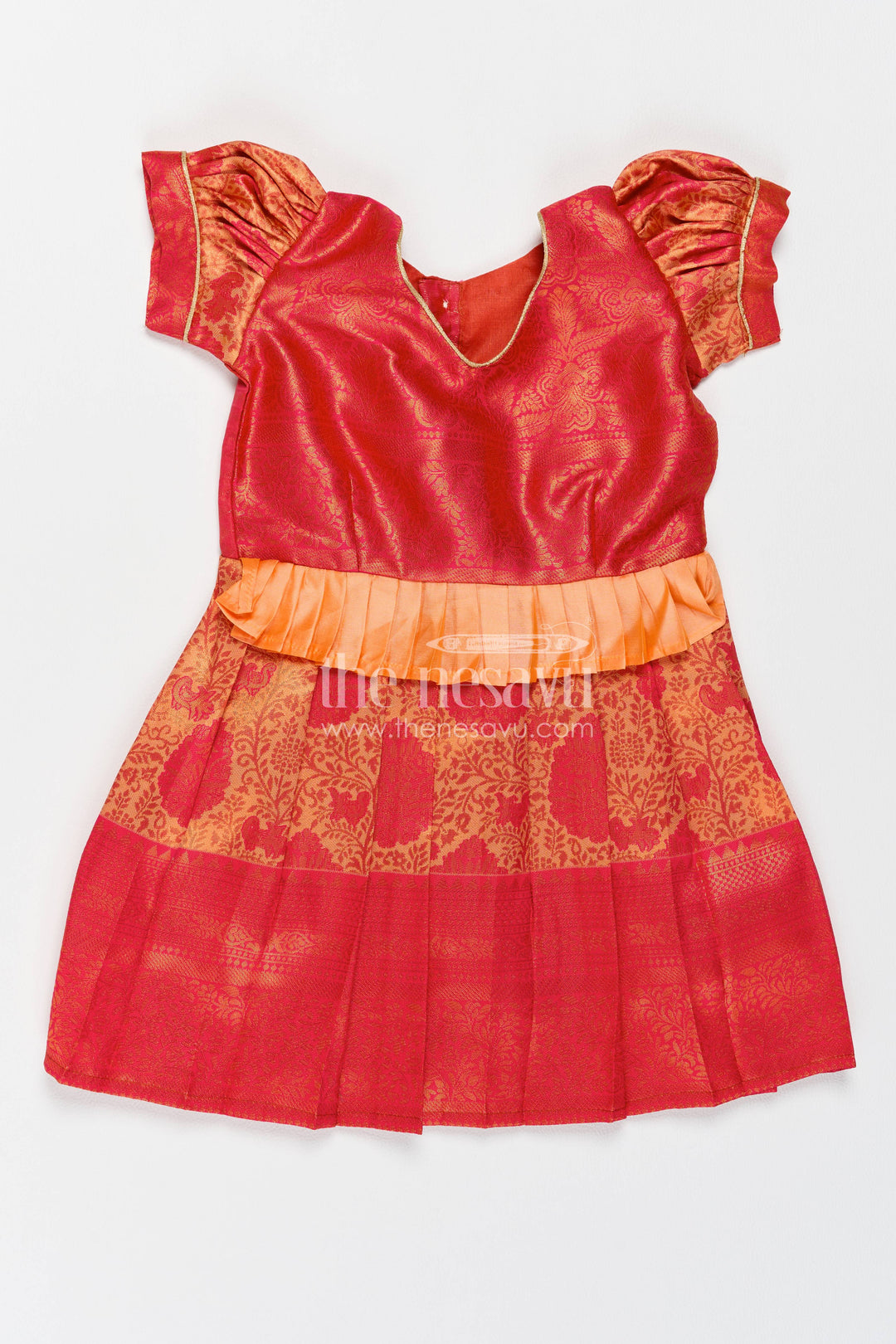 Girls Kanchi Silk Frock in Red with Woven Texture