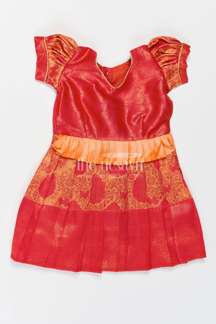 Girls Kanchi Silk Frock in Red with Woven Texture