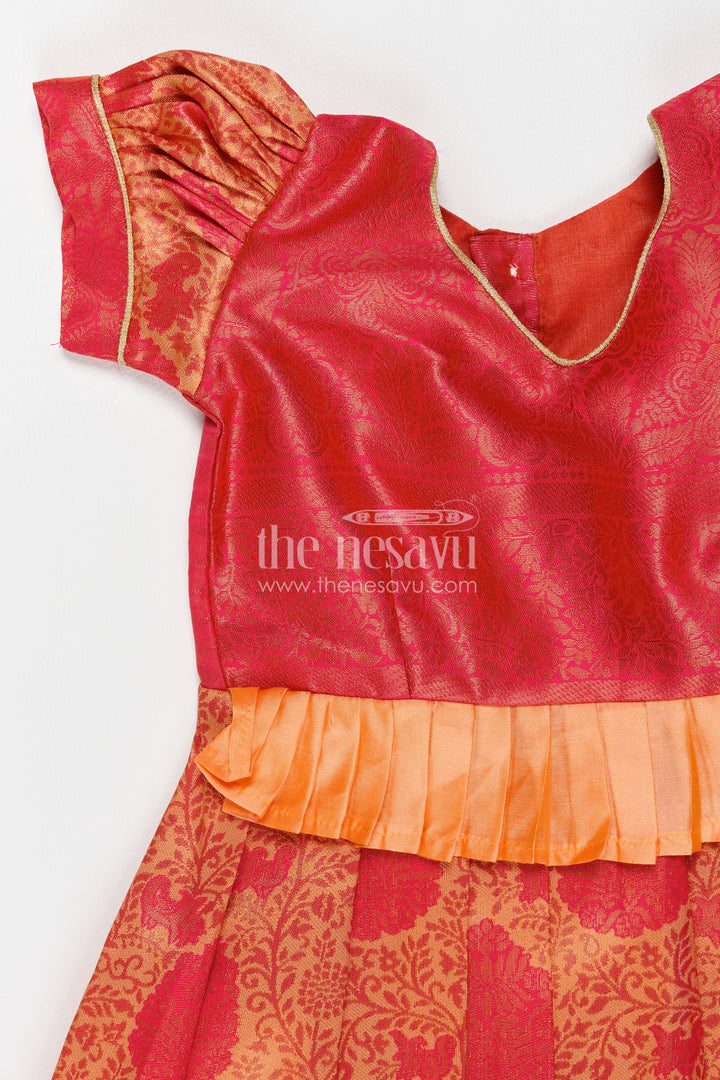 Girls Kanchi Silk Frock in Red with Woven Texture