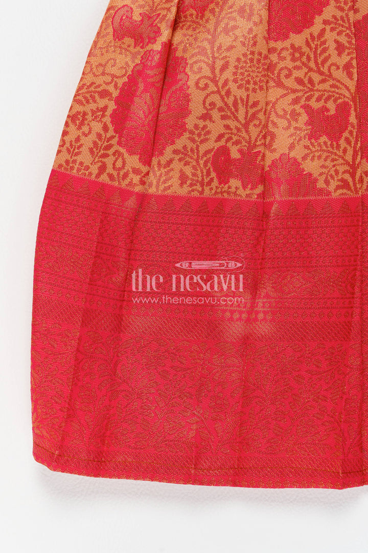 Girls Kanchi Silk Frock in Red with Woven Texture