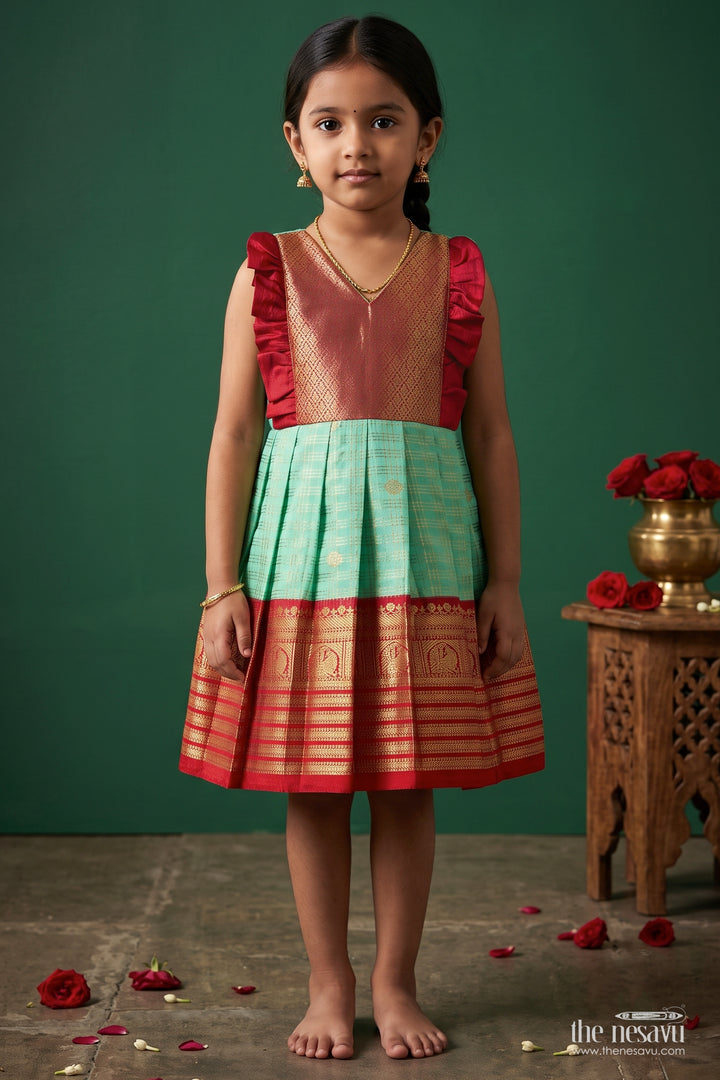 Silk Frock for Girls in Turquoise for Family Celebrations