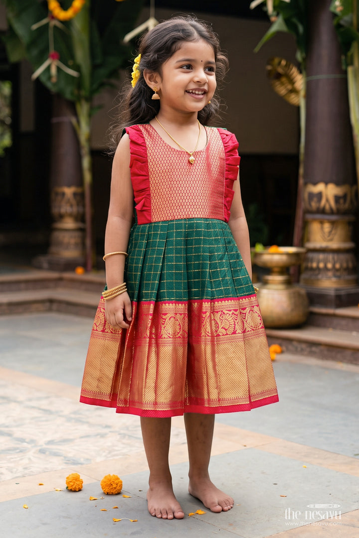 Girls Kanchi Silk Frock in Green for Portrait Days