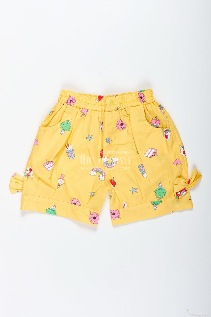 Girls Yellow Printed Cotton Shorts With Unicorn And Rainbow Designs