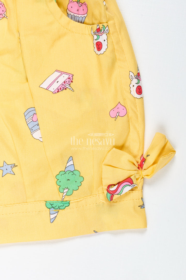 Girls Yellow Printed Cotton Shorts With Unicorn And Rainbow Designs