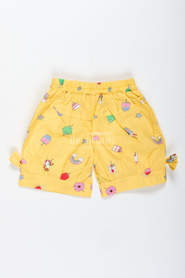 Girls Yellow Printed Cotton Shorts With Unicorn And Rainbow Designs