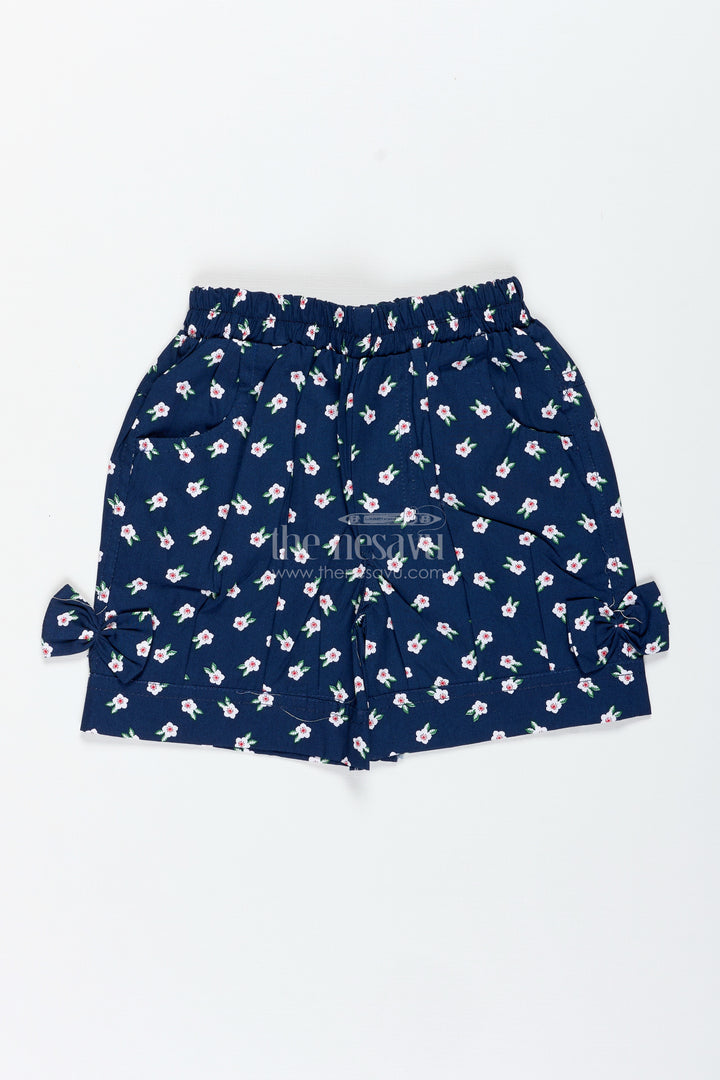 Navy Cotton Shorts For Girls With Floral Print And Bows