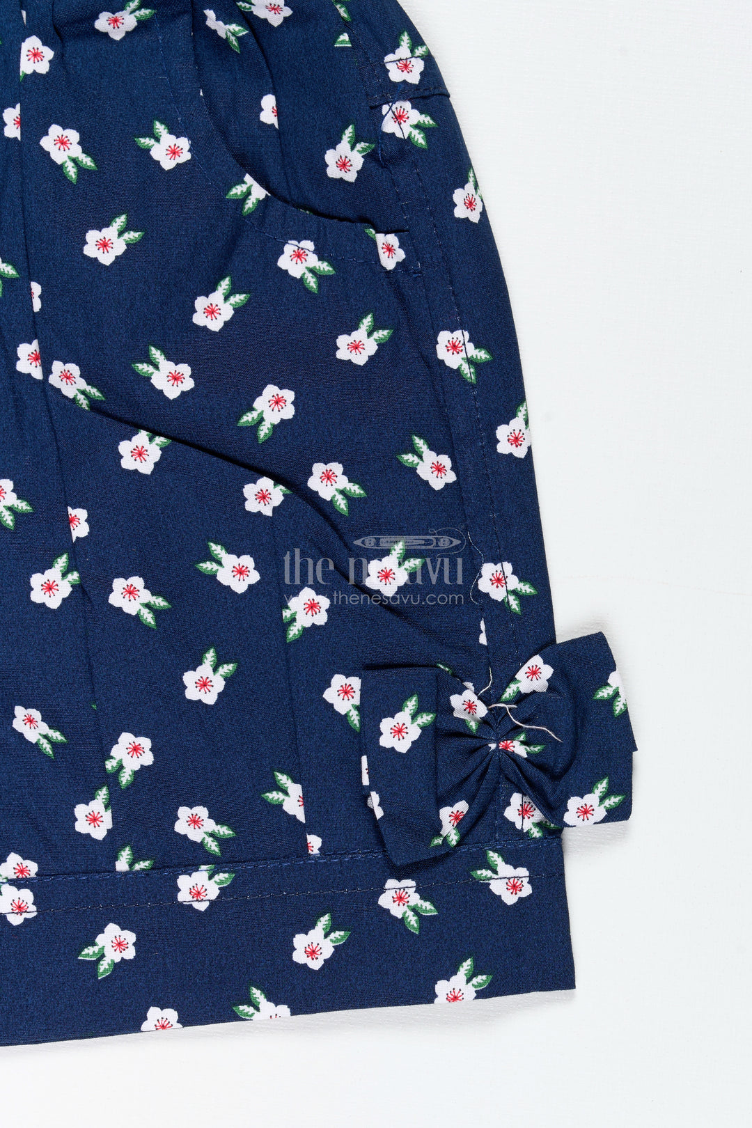 Navy Cotton Shorts For Girls With Floral Print And Bows