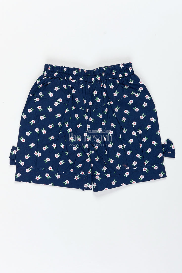 Navy Cotton Shorts For Girls With Floral Print And Bows