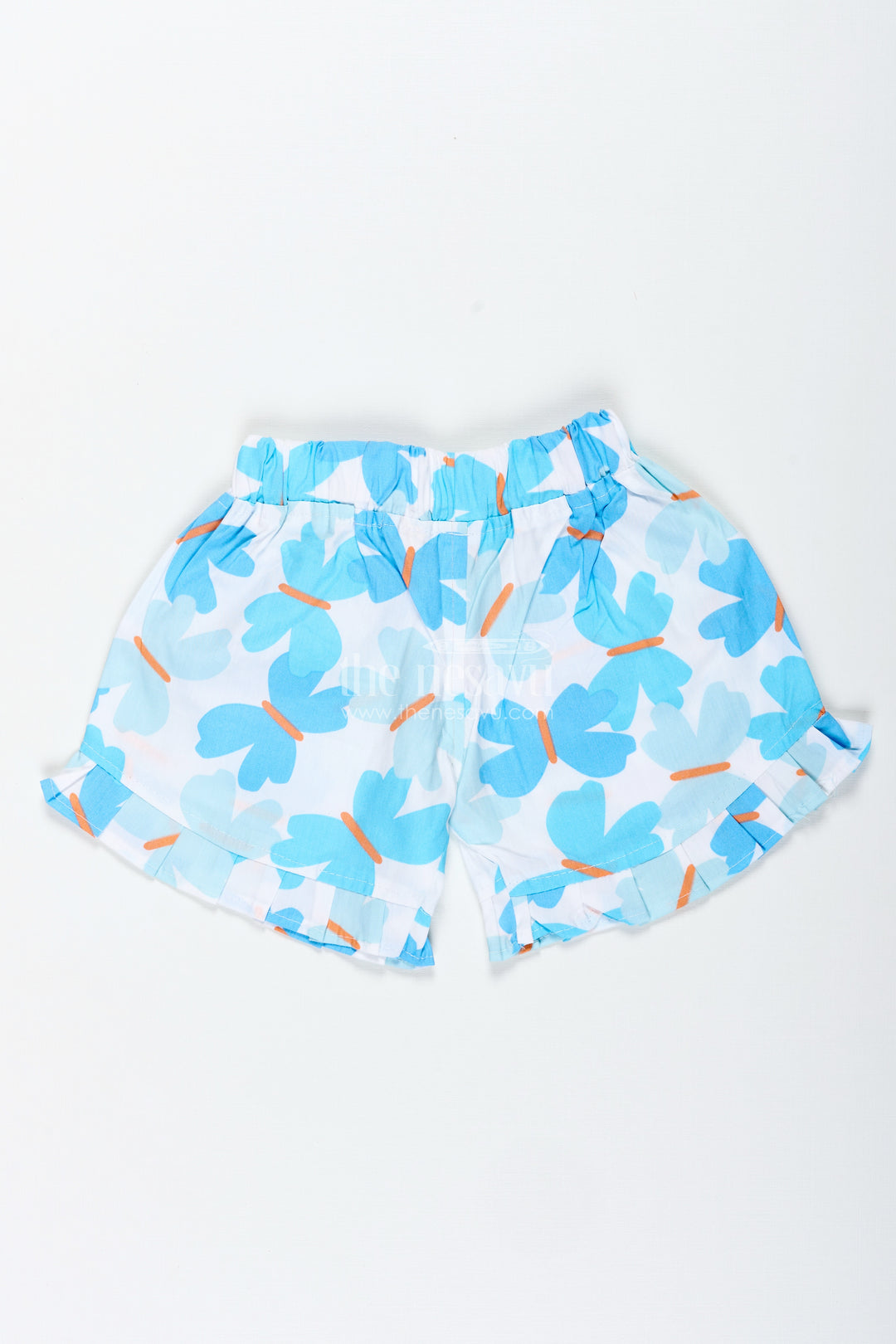 Girls Blue Butterfly Print Cotton Shorts For Summer Fun