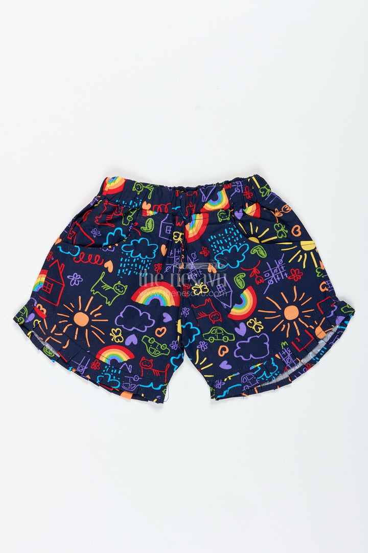 Multicolor Doodle Print Shorts For Girls Summer Fun