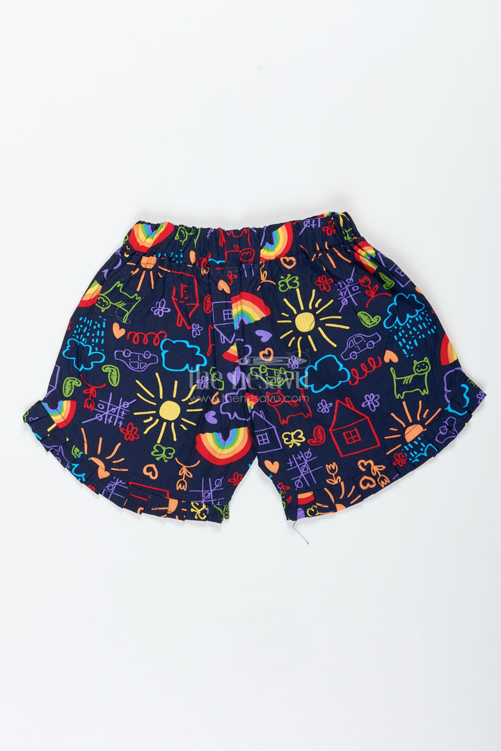 Multicolor Doodle Print Shorts For Girls Summer Fun