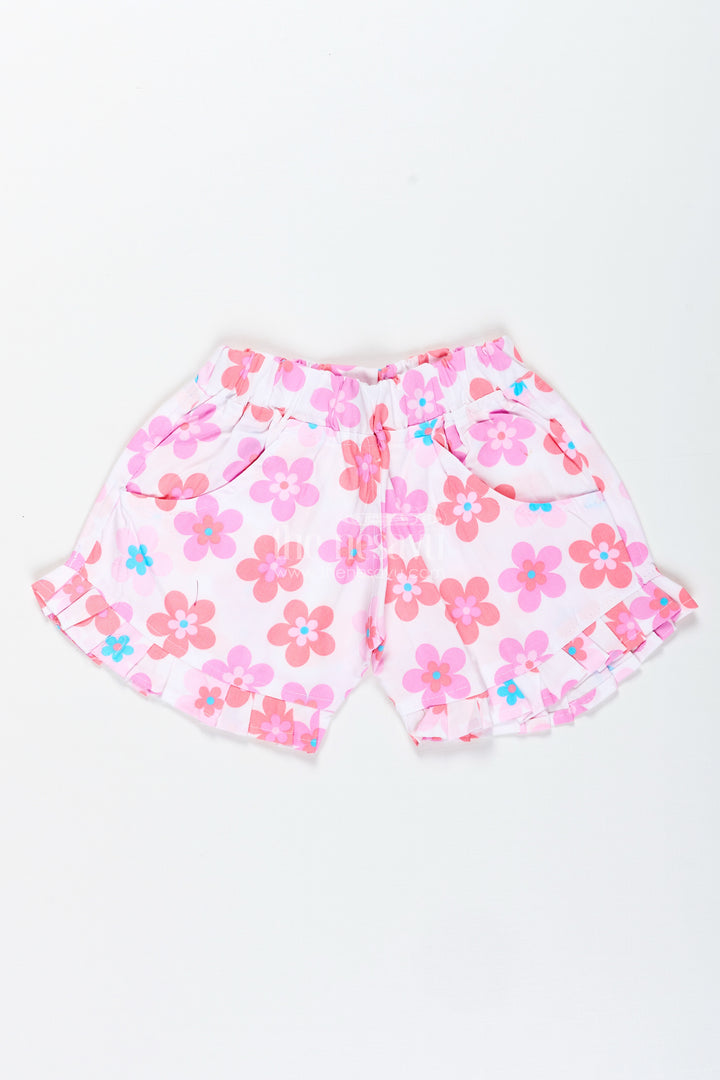 Girls Pink Floral Cotton Shorts With Pleated Hem For Playful Summer Wear