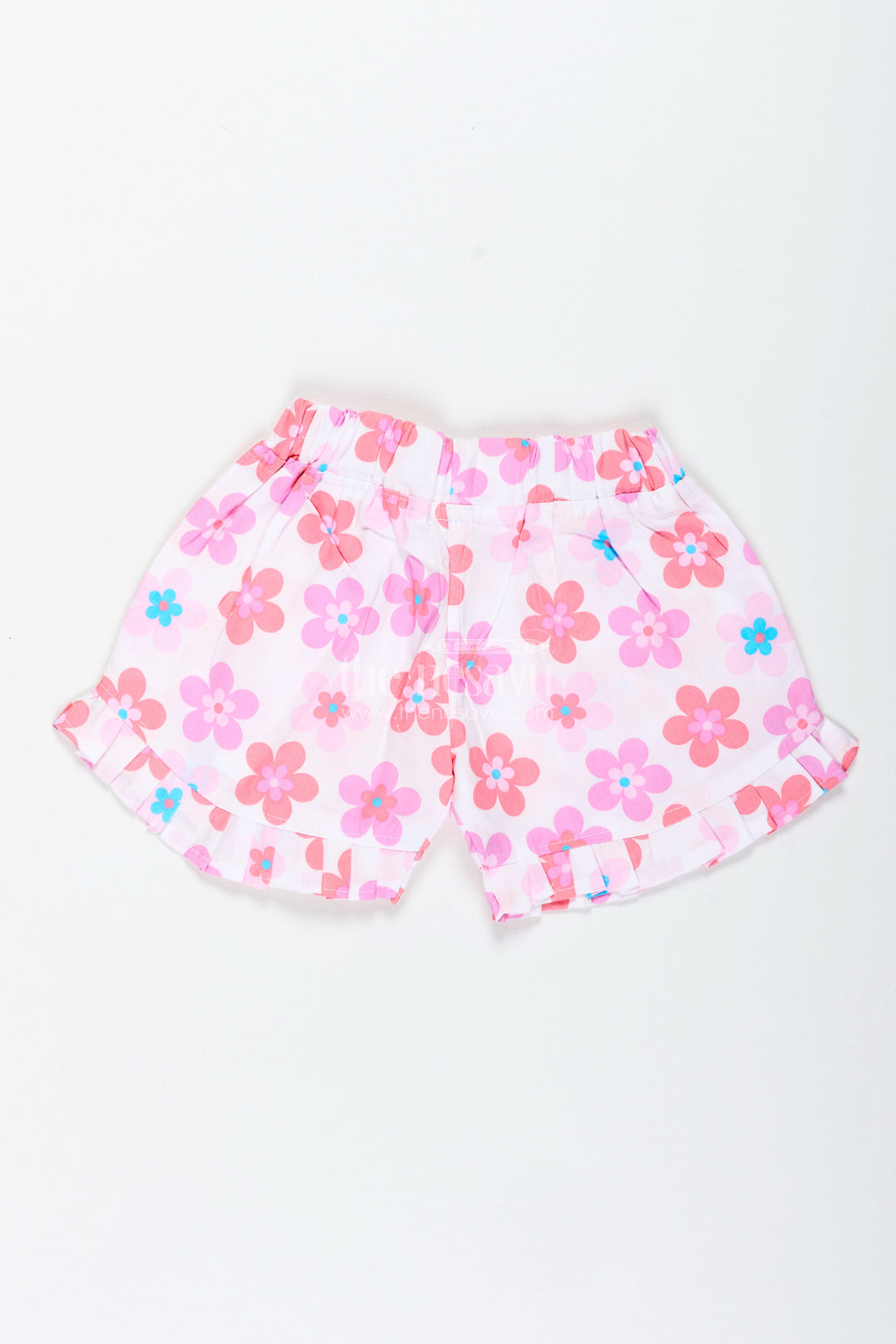 Girls Pink Floral Cotton Shorts With Pleated Hem For Playful Summer Wear