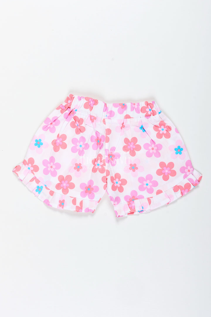 Girls Pink Floral Cotton Shorts With Pleated Hem For Playful Summer Wear