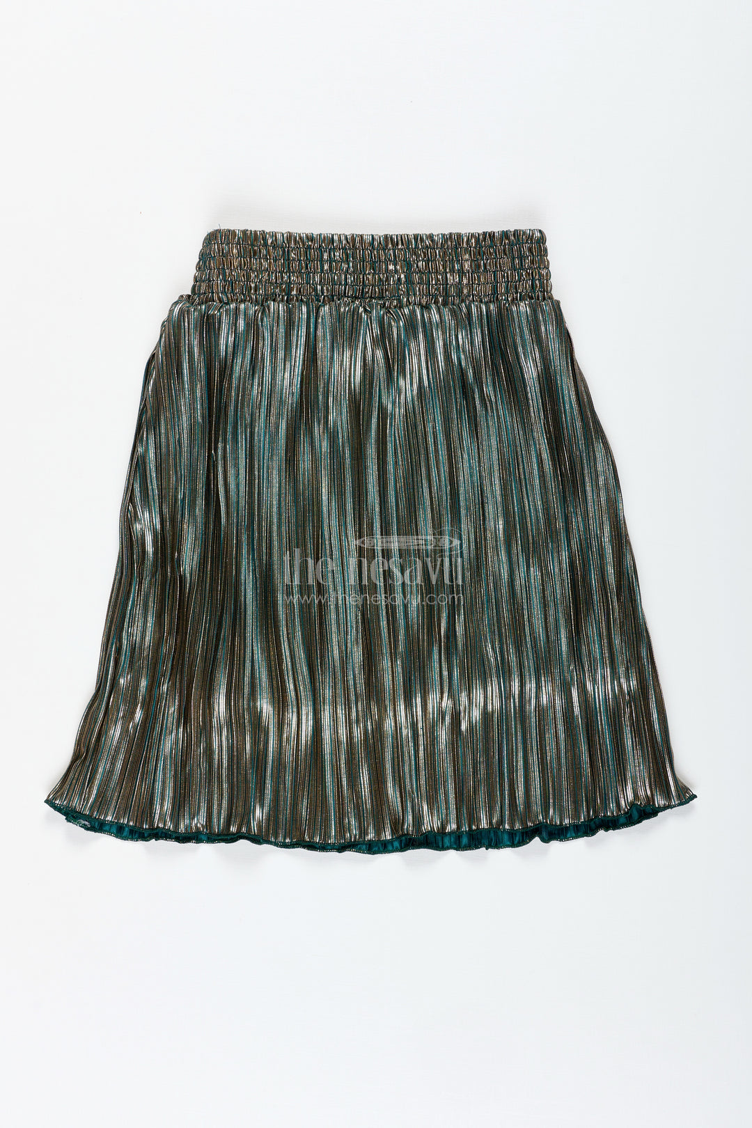 Olive Green Shimmer Pleated Skirt For Girls Festive Occasions