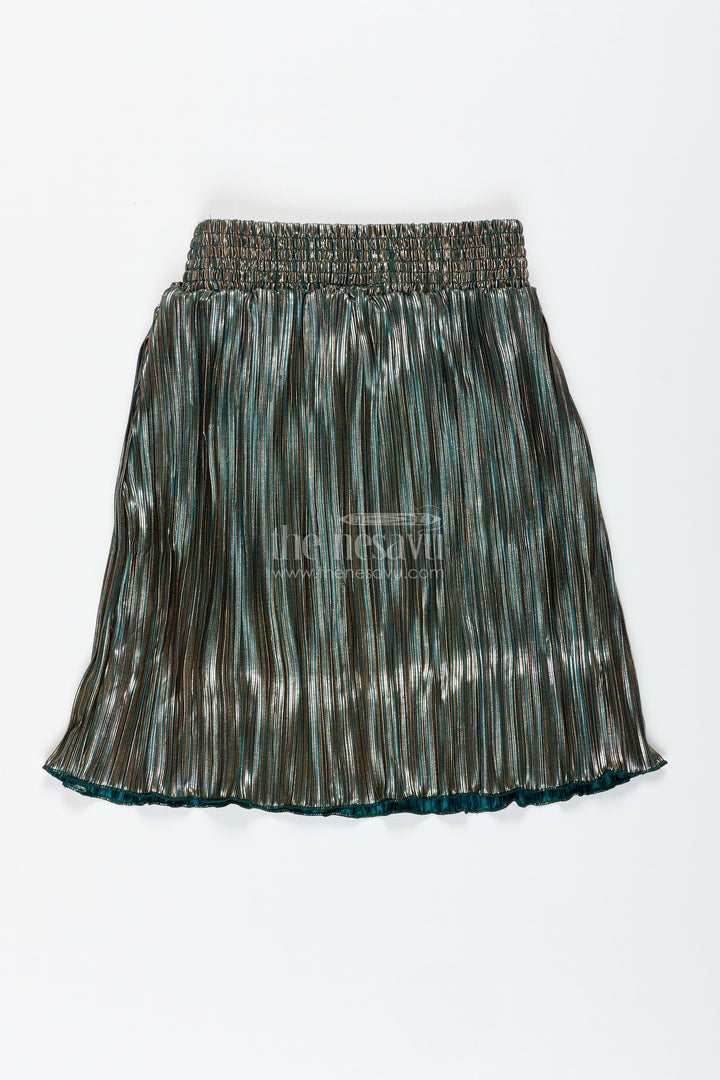 Olive Green Shimmer Pleated Skirt For Girls Festive Occasions