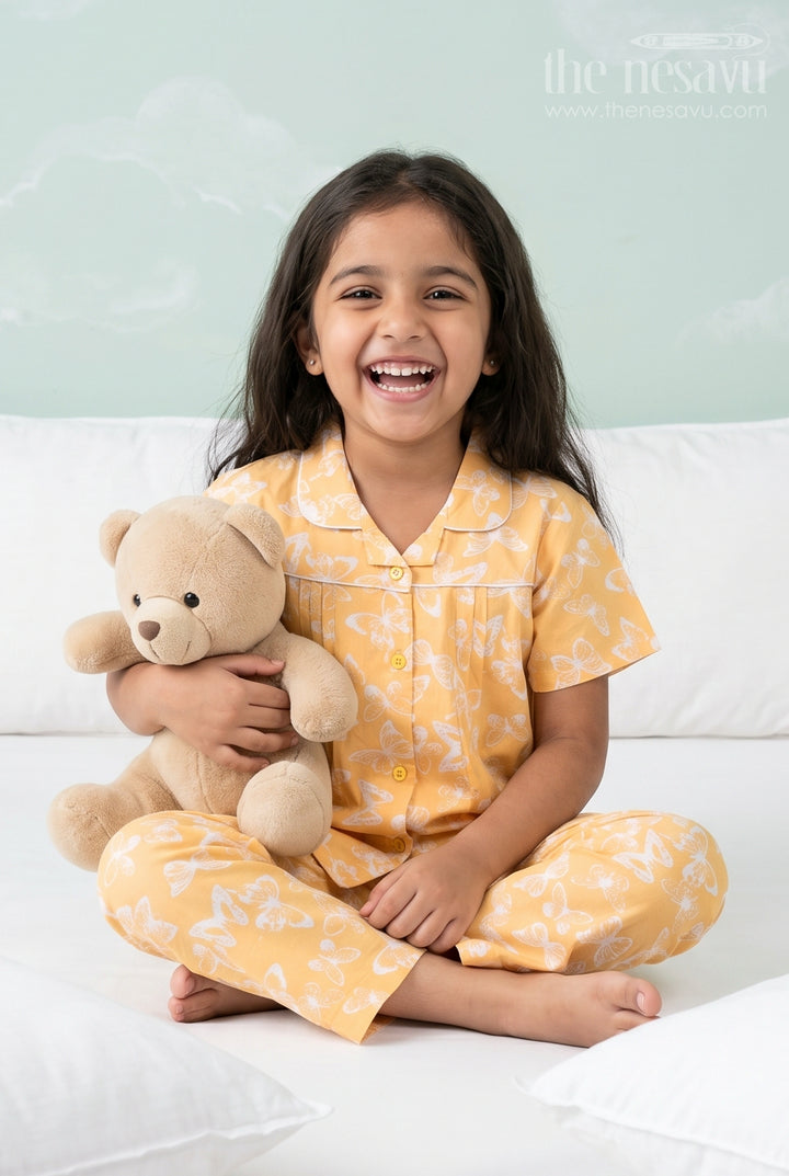 Pure Cotton Unisex Nightsuit with Butterfly Print in Yellow for Toddlers