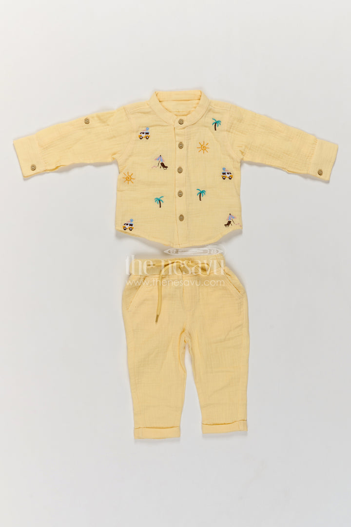 Boys Muslin Cotton Shirt Trouser Set in Ivory with Sunshine Embroidery