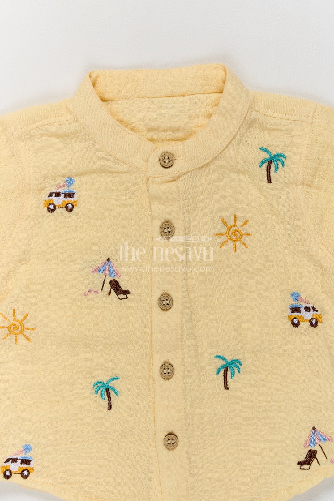 Boys Muslin Cotton Shirt Trouser Set in Ivory with Sunshine Embroidery