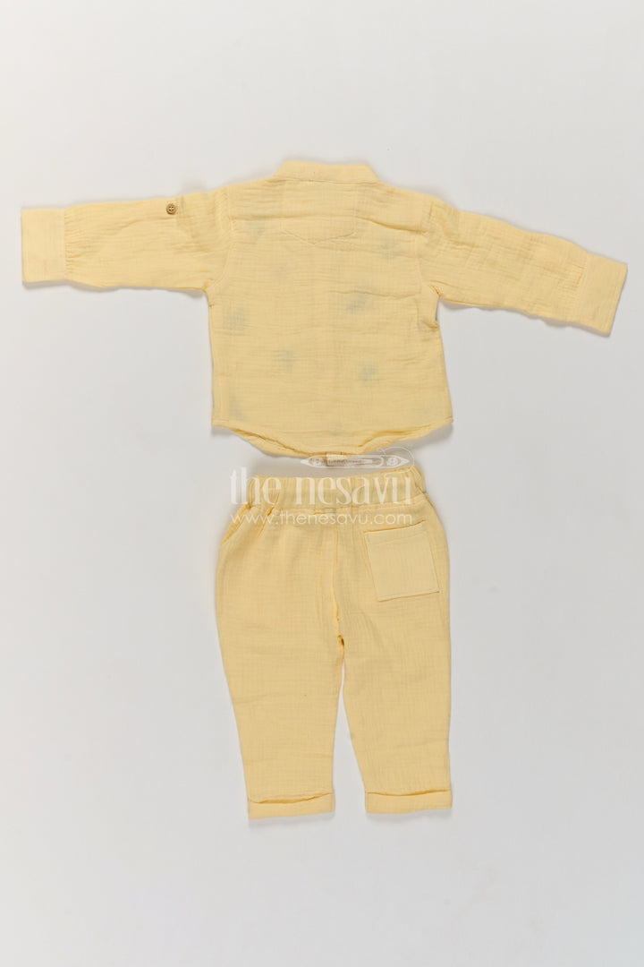 Boys Muslin Cotton Shirt Trouser Set in Ivory with Sunshine Embroidery
