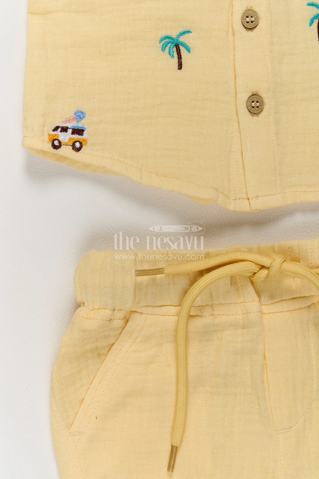 Boys Muslin Cotton Shirt Trouser Set in Ivory with Sunshine Embroidery